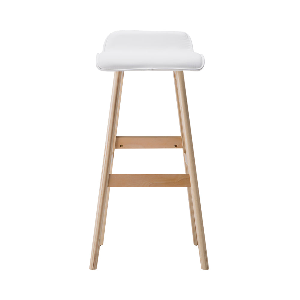 2x Bar Stools Wood Base White PU Leather Seat