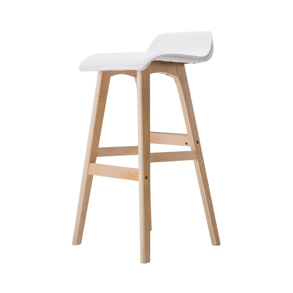 2x Bar Stools Wood Base White PU Leather Seat