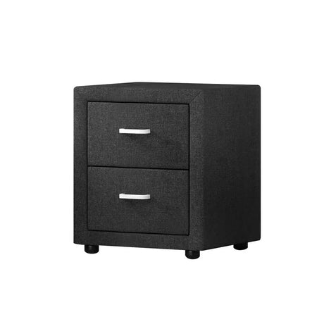 Charcoal Linen Fabric Bedside Table 2 Drawers