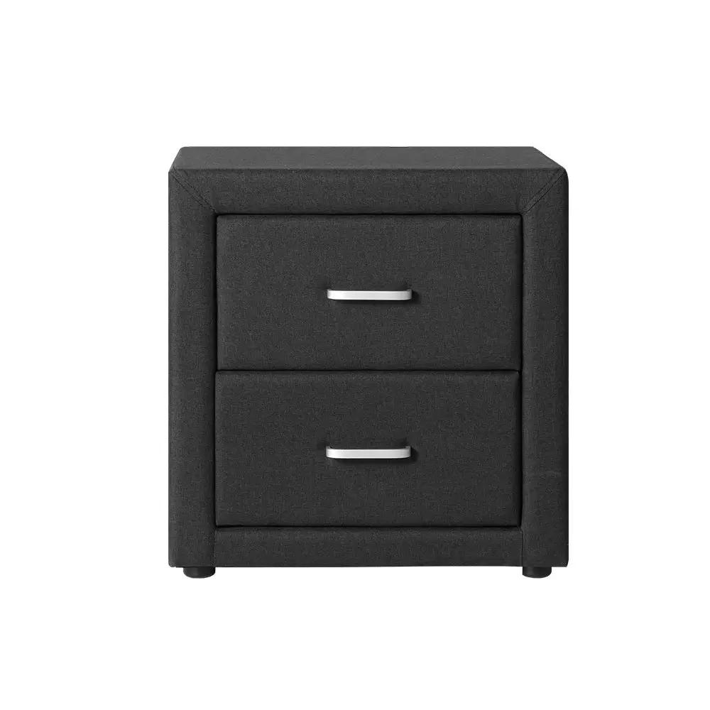 Charcoal Linen Fabric Bedside Table 2 Drawers