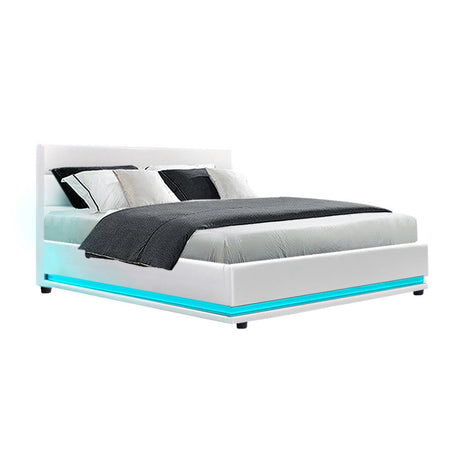 Bed Frame Double White Lumi LED Gas lift Bed Frame