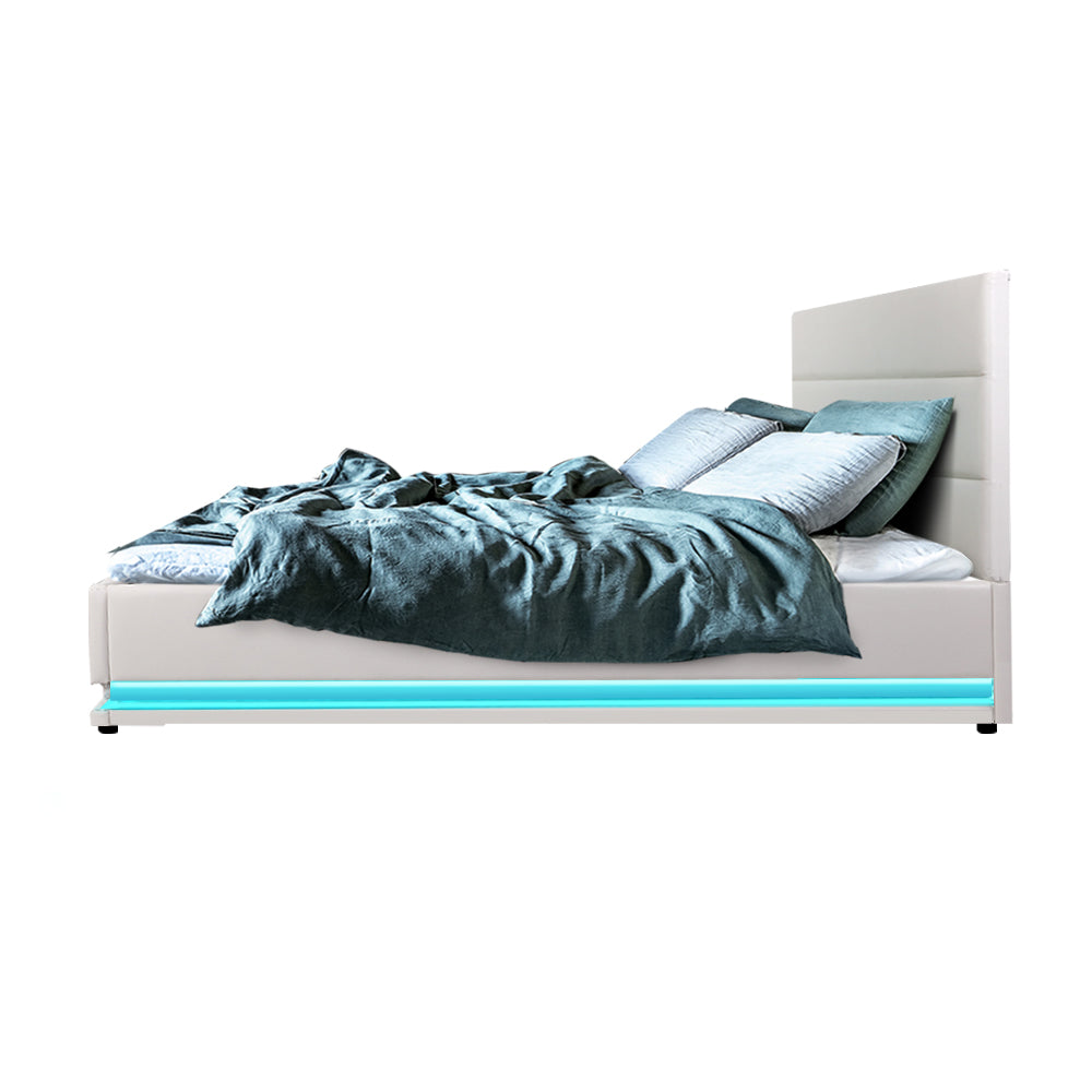 Bed Frame Double White Lumi LED Gas lift Bed Frame