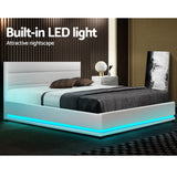 Bed Frame Double White Lumi LED Gas lift Bed Frame