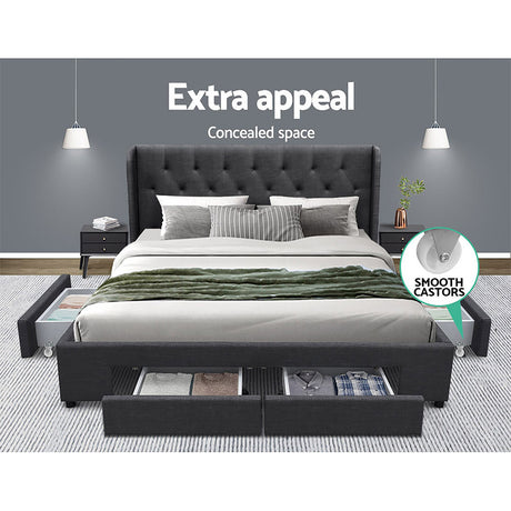 Ember Bed Frame King Size with 4 Drawers Charcoal MILA