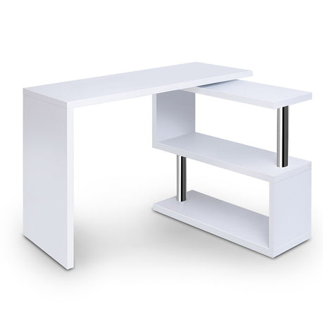 Rotatable Corner Office Desk with Bookshelf White