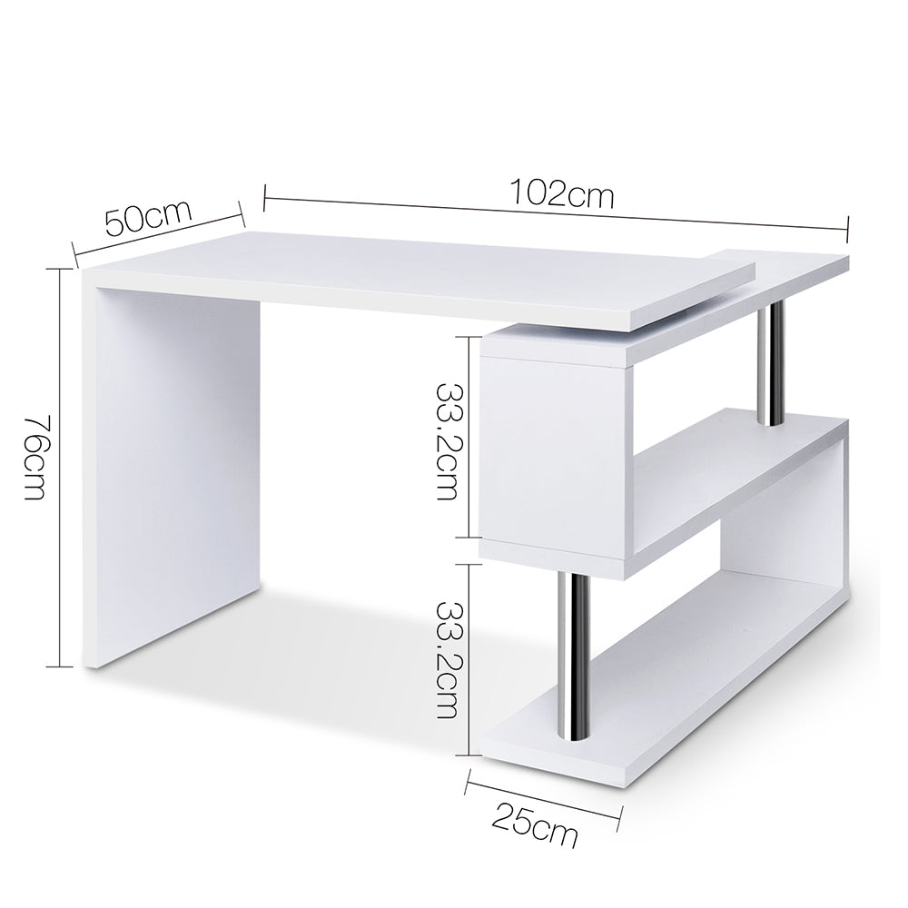 Rotatable Corner Office Desk with Bookshelf White