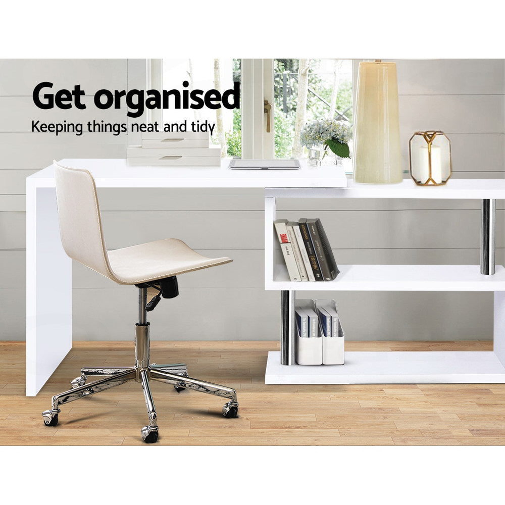 Rotatable Corner Office Desk with Bookshelf White