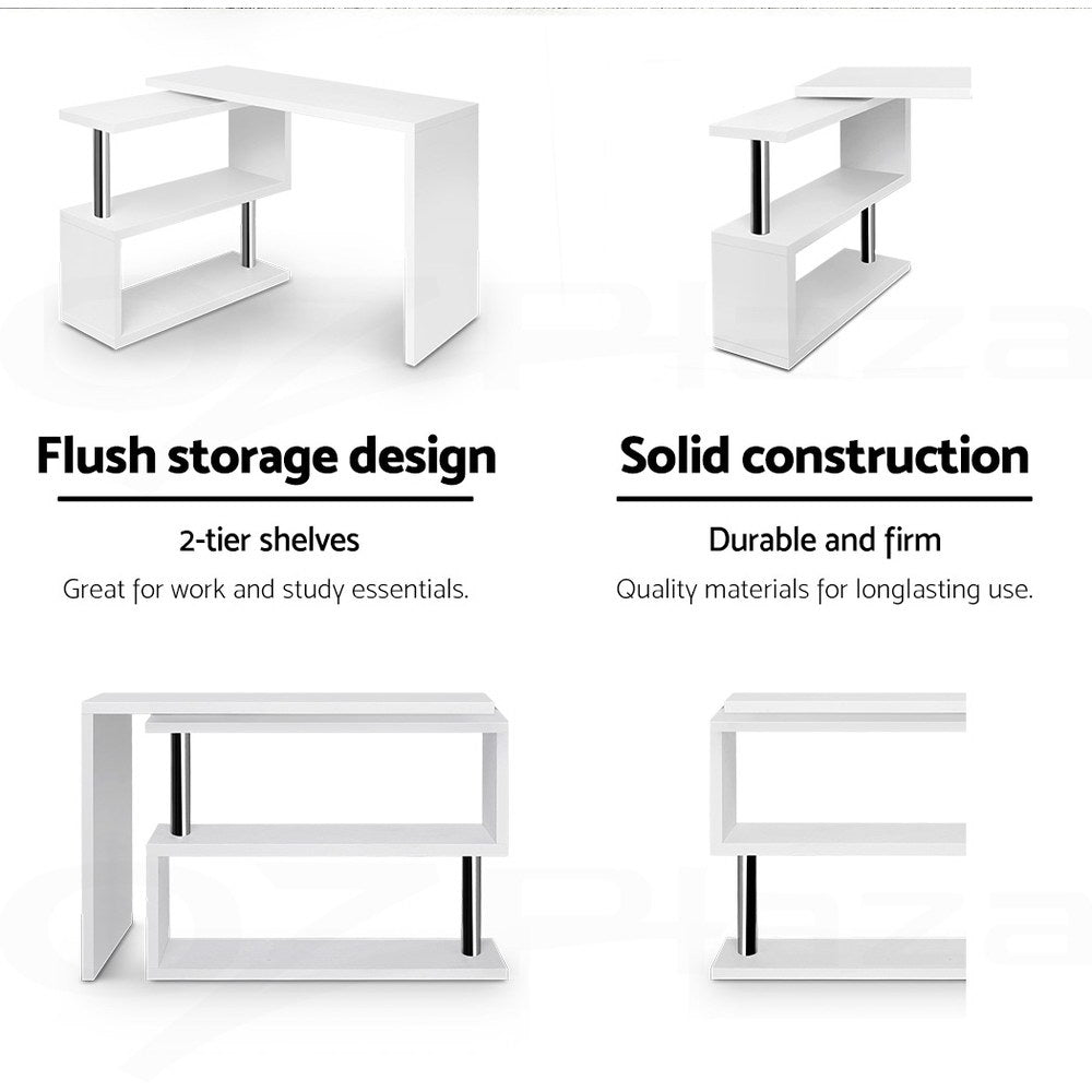 Rotatable Corner Office Desk with Bookshelf White