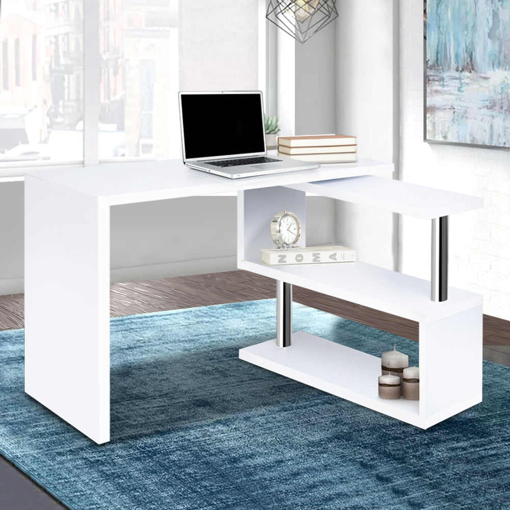 Rotatable Corner Office Desk with Bookshelf White