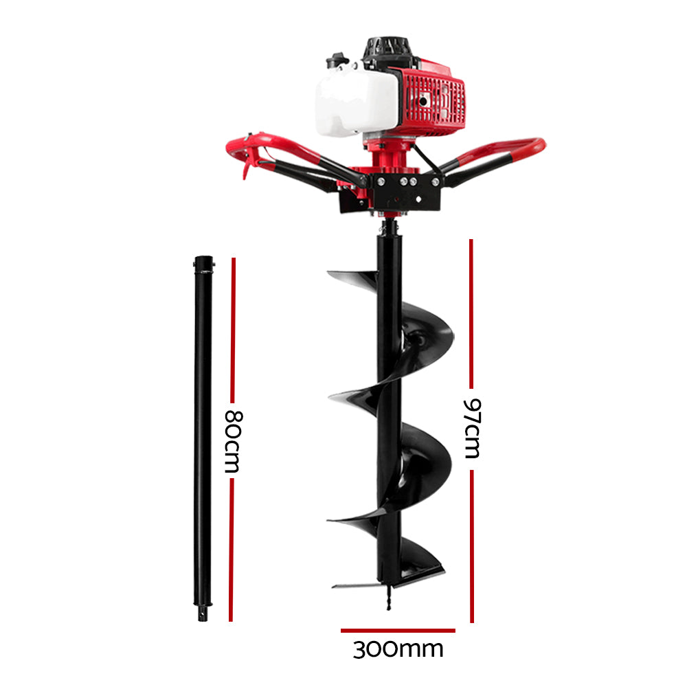 Giantz 92CC Post Hole Digger 300mm Petrol Drill Extension Auger Bits