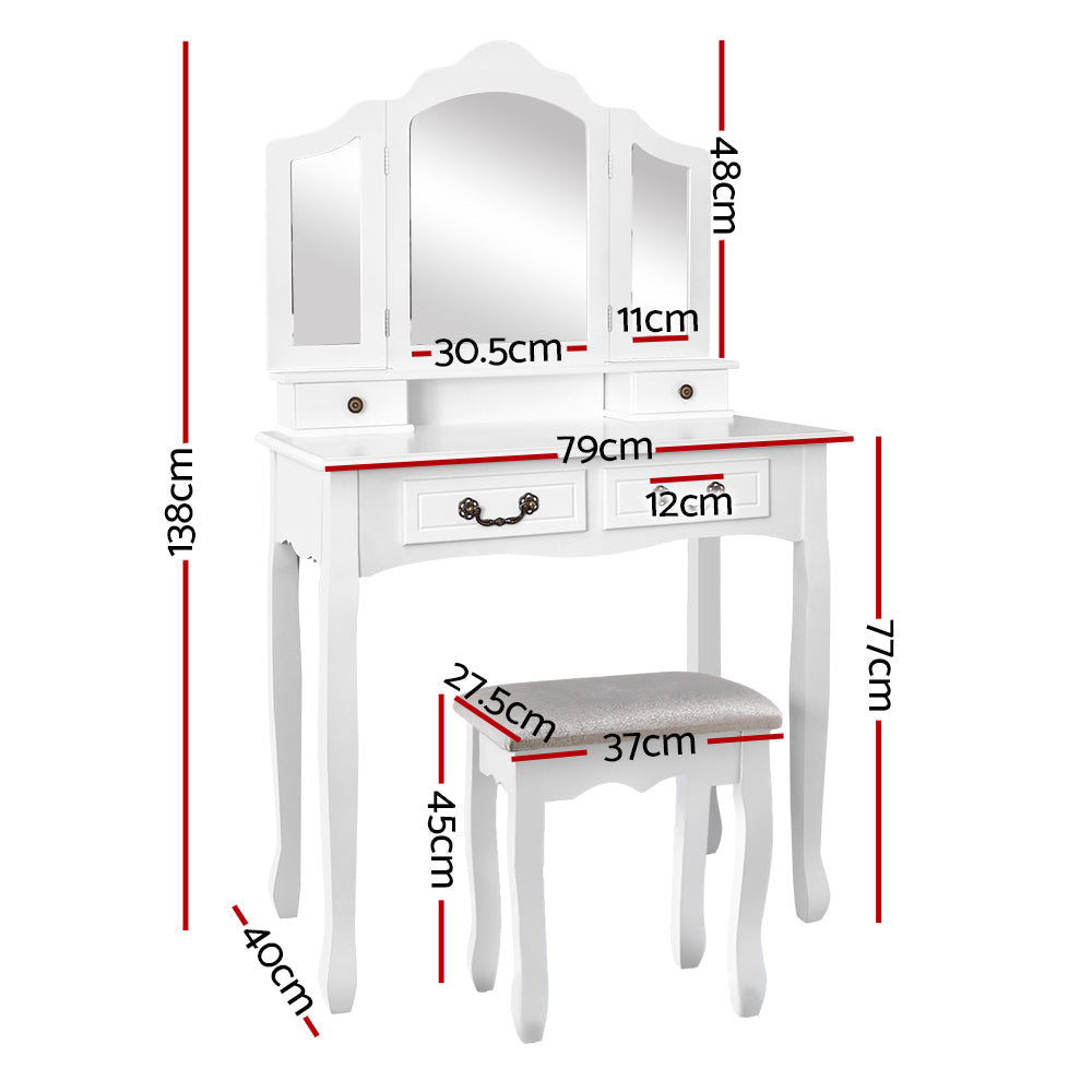 Provincial Dressing Table & Makeup Mirror Stool Set White