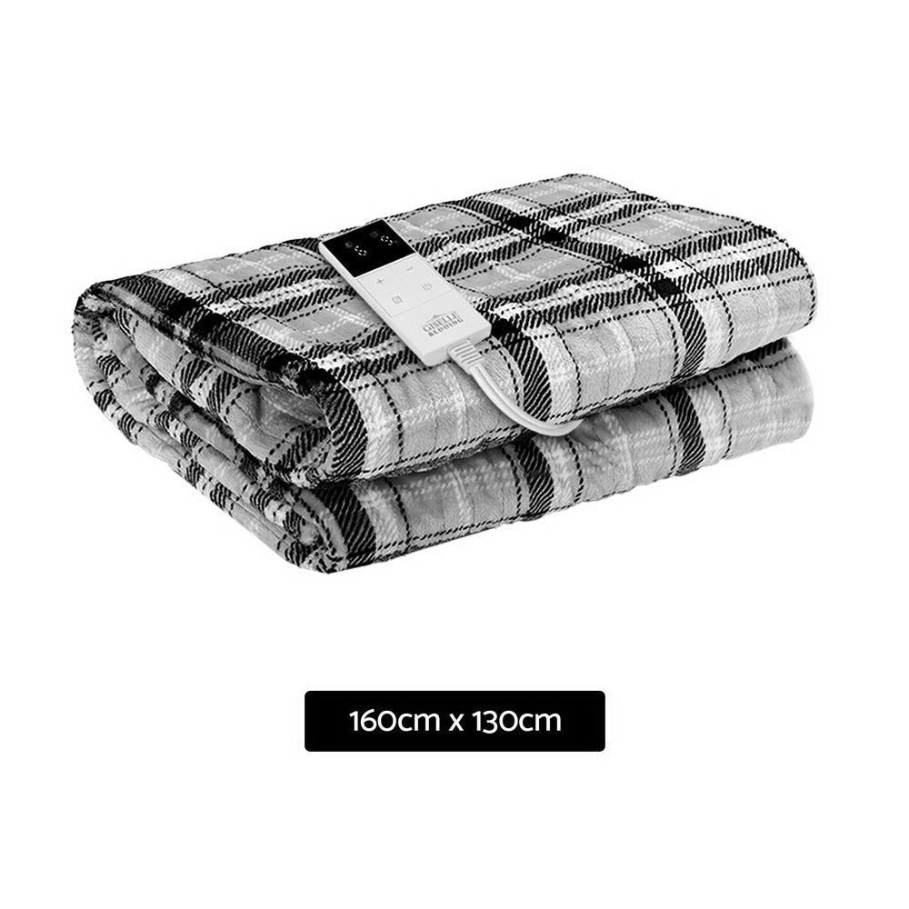 Giselle Bedding Electric Throw Flannel Snuggle Blanket Washable Heated Grey and White Checkered