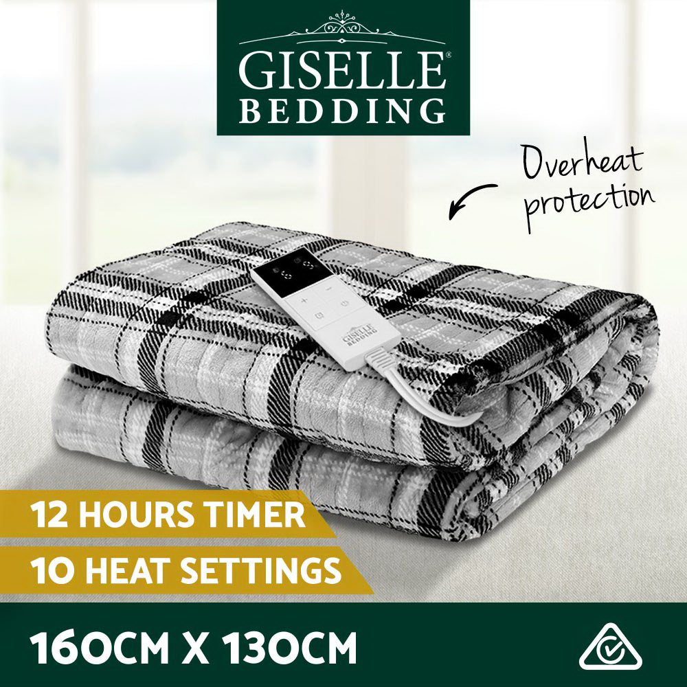 Giselle Bedding Electric Throw Flannel Snuggle Blanket Washable Heated Grey and White Checkered