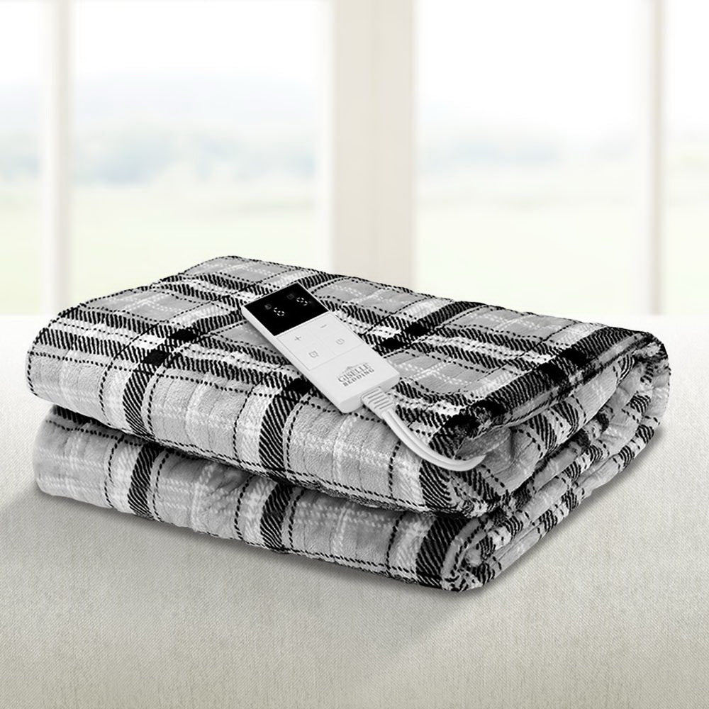 Giselle Bedding Electric Throw Flannel Snuggle Blanket Washable Heated Grey and White Checkered