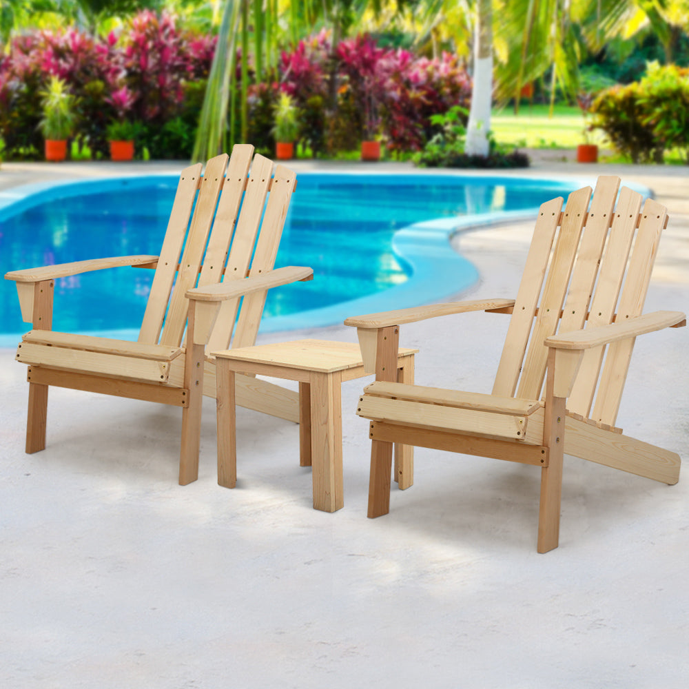 Gardeon 3PC Adirondack Outdoor Table and Chairs Wooden Beach Chair Natural