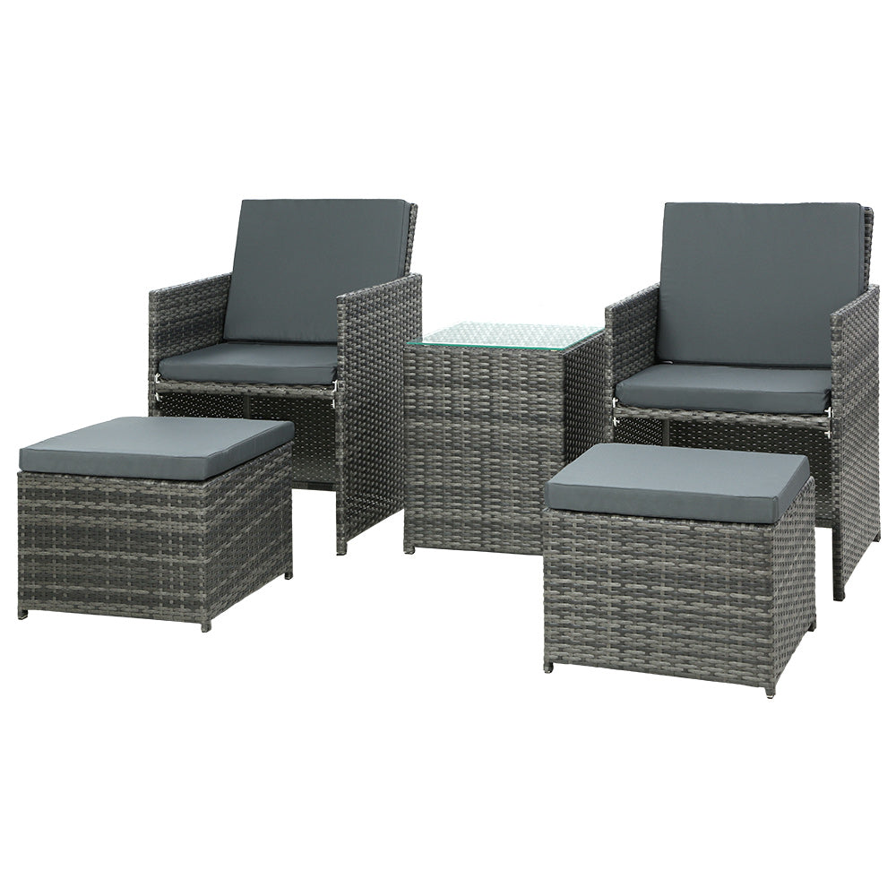 Gardeon 5PC Bistro Set Wicker Table and Chairs Ottoman Outdoor Furniture Grey