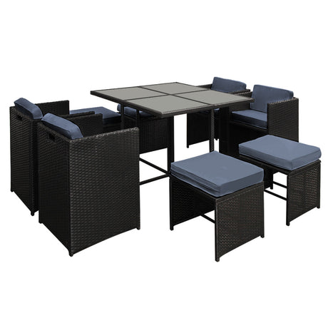 Gardeon Outdoor Dining Set 9 Piece Wicker Table Chairs Setting Black