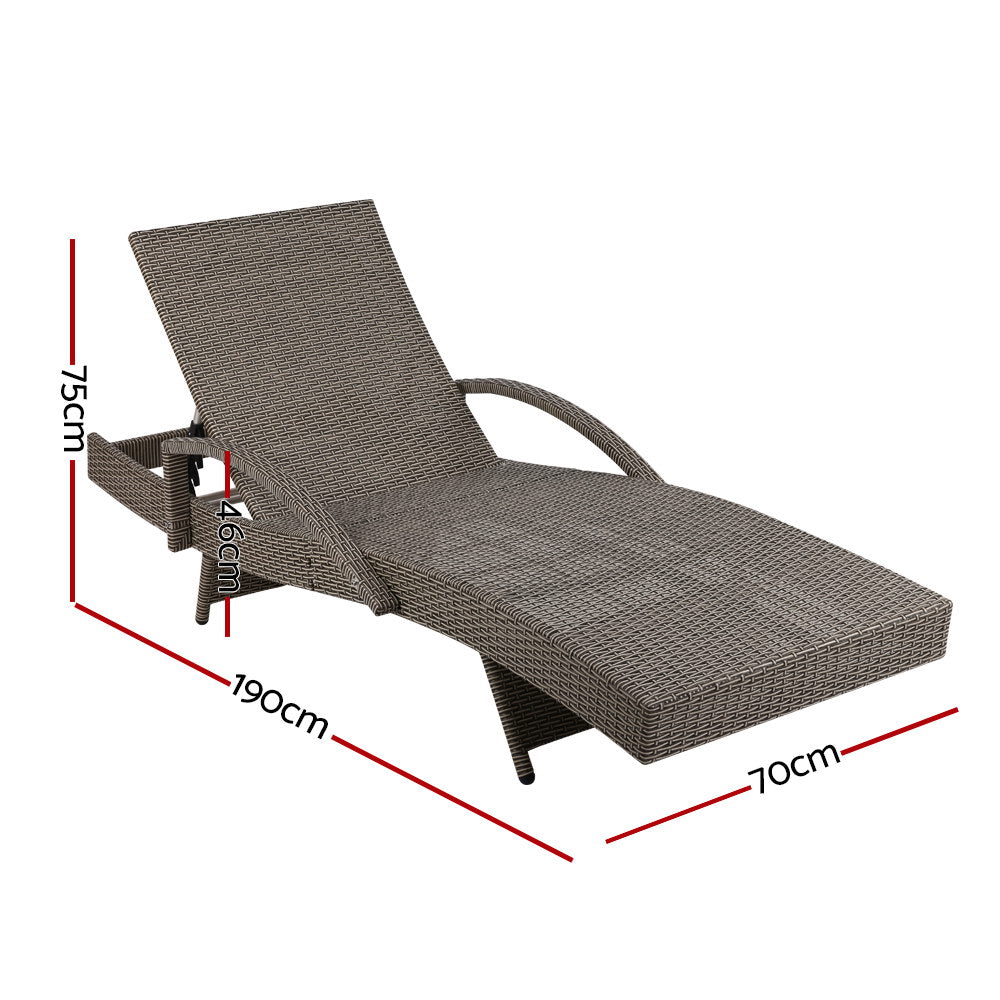 Gardeon 2PC Sun Lounge Wicker Lounger Outdoor Furniture Beach Chair Adjustable Cushion Grey&Beige