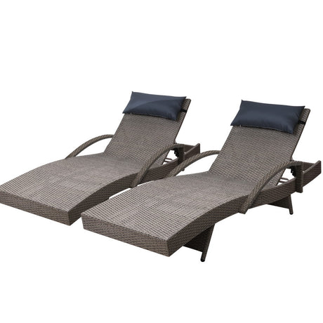Gardeon 2x Sun Lounge Wicker Outdoor Furniture Beach Adjustable Grey&Beige