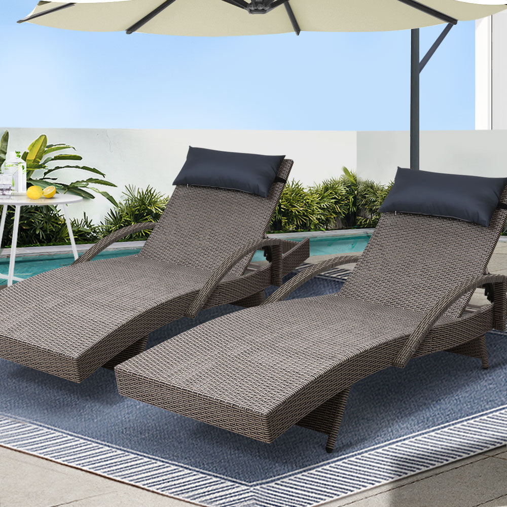 Gardeon 2x Sun Lounge Wicker Outdoor Furniture Beach Adjustable Grey&Beige