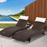 Gardeon 2PC Sun Lounge Wicker Lounger Outdoor Furniture Beach Chair Garden Adjustable Brown