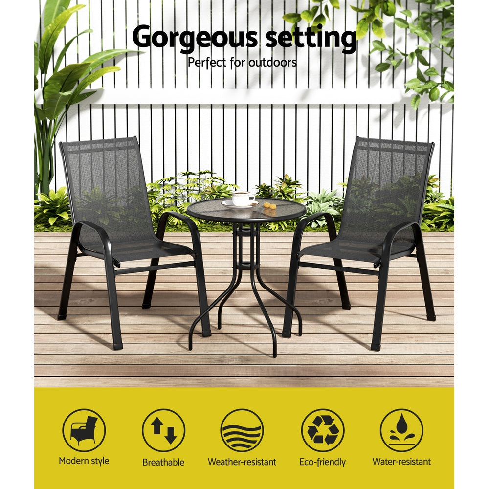 Gardeon 3PC Bistro Set Outdoor Table and Chairs Stackable Outdoor Furniture Black