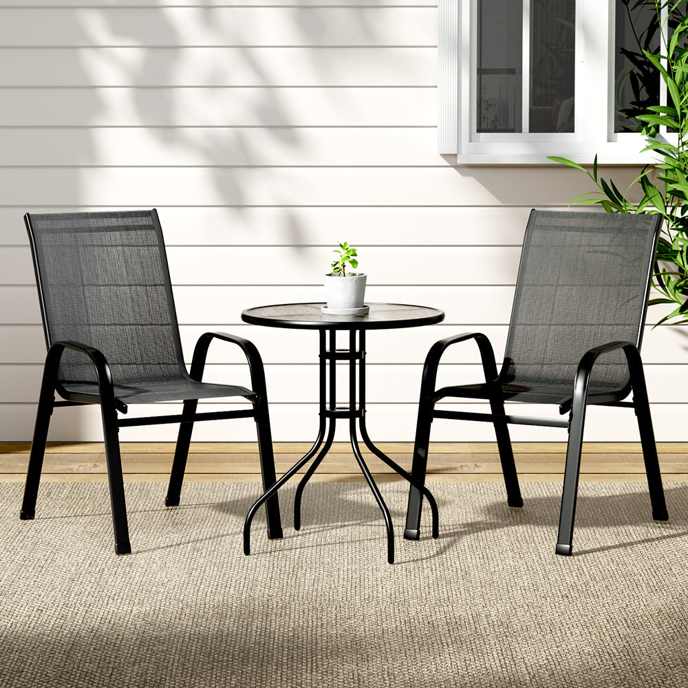 Gardeon 3PC Bistro Set Outdoor Table and Chairs Stackable Outdoor Furniture Black