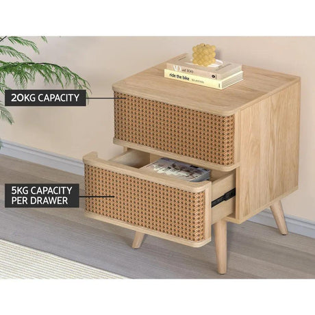 Ember Rattan Bedside Table Drawers Side End Table Storage Nightstand Oak NORA