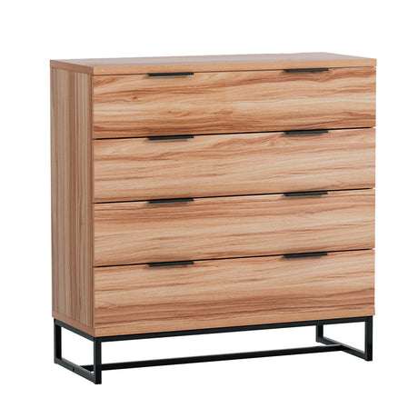 Oak with black accent chest of drawers.