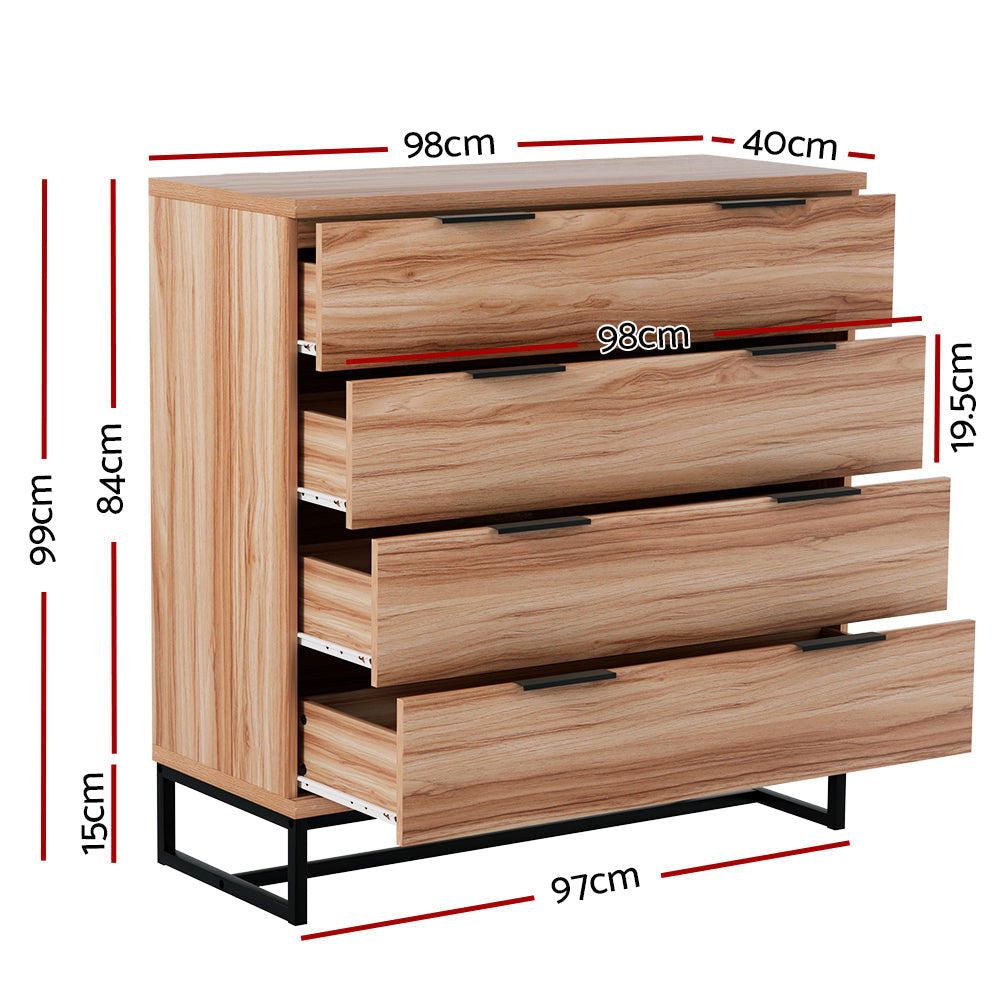 Oak with black accent chest of drawers.