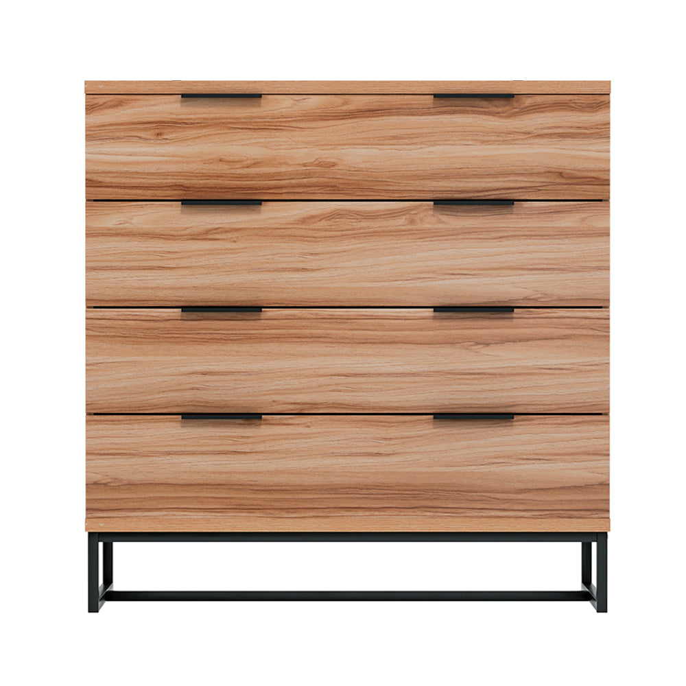 Oak with black accent chest of drawers.