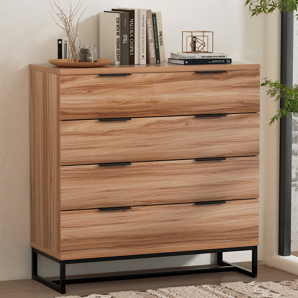 Oak with black accent chest of drawers.