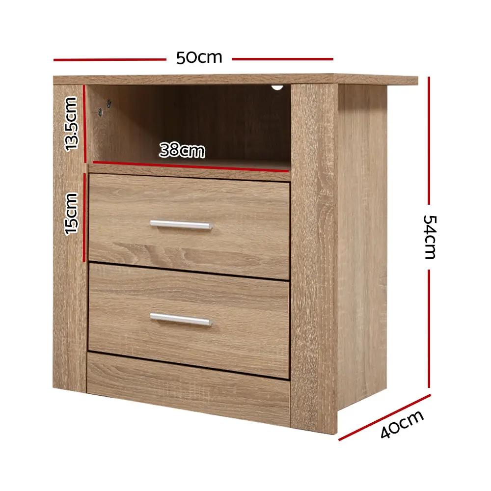 Bedside Table 2 Drawers - Contemporary Oak