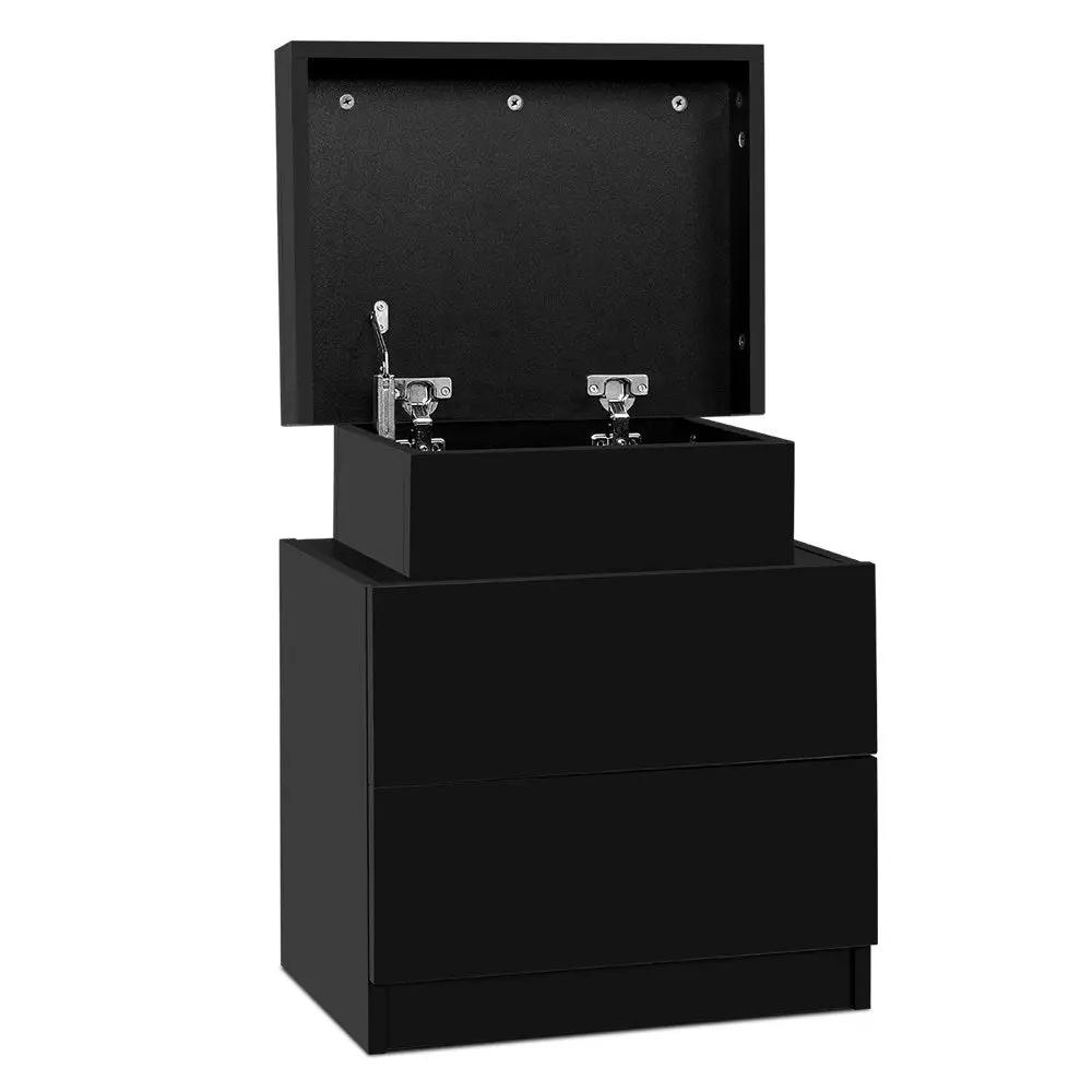 Black Lift-up Lid Bedside Table 2 Drawers