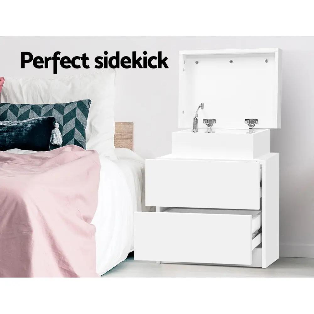 White Lift-up Lid Bedside Table 2 Drawers