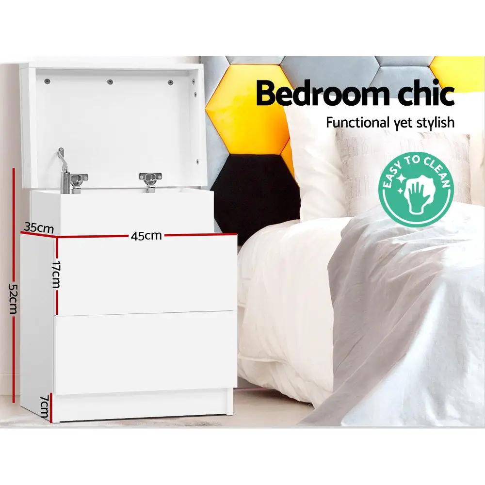 White Lift-up Lid Bedside Table 2 Drawers