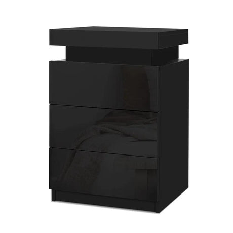 Black 3 Drawer LED Bedside Table
