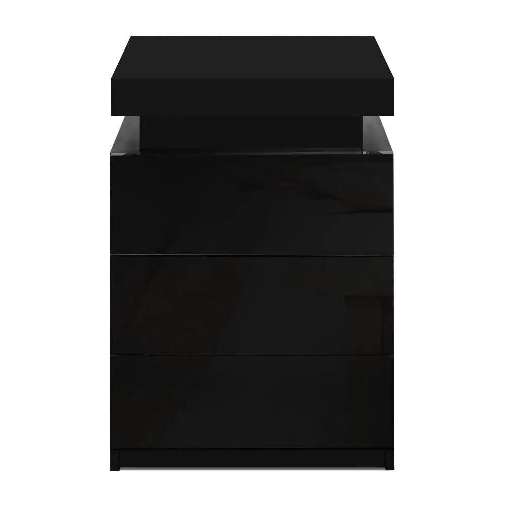 Black 3 Drawer LED Bedside Table