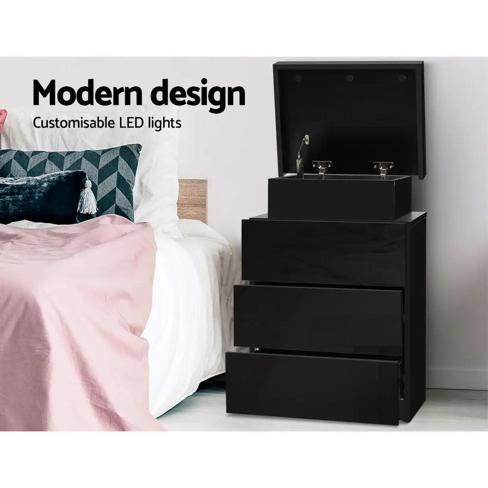 Black 3 Drawer LED Bedside Table