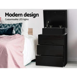 Black 3 Drawer LED Bedside Table