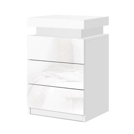 White 3 Drawer LED Bedside Table