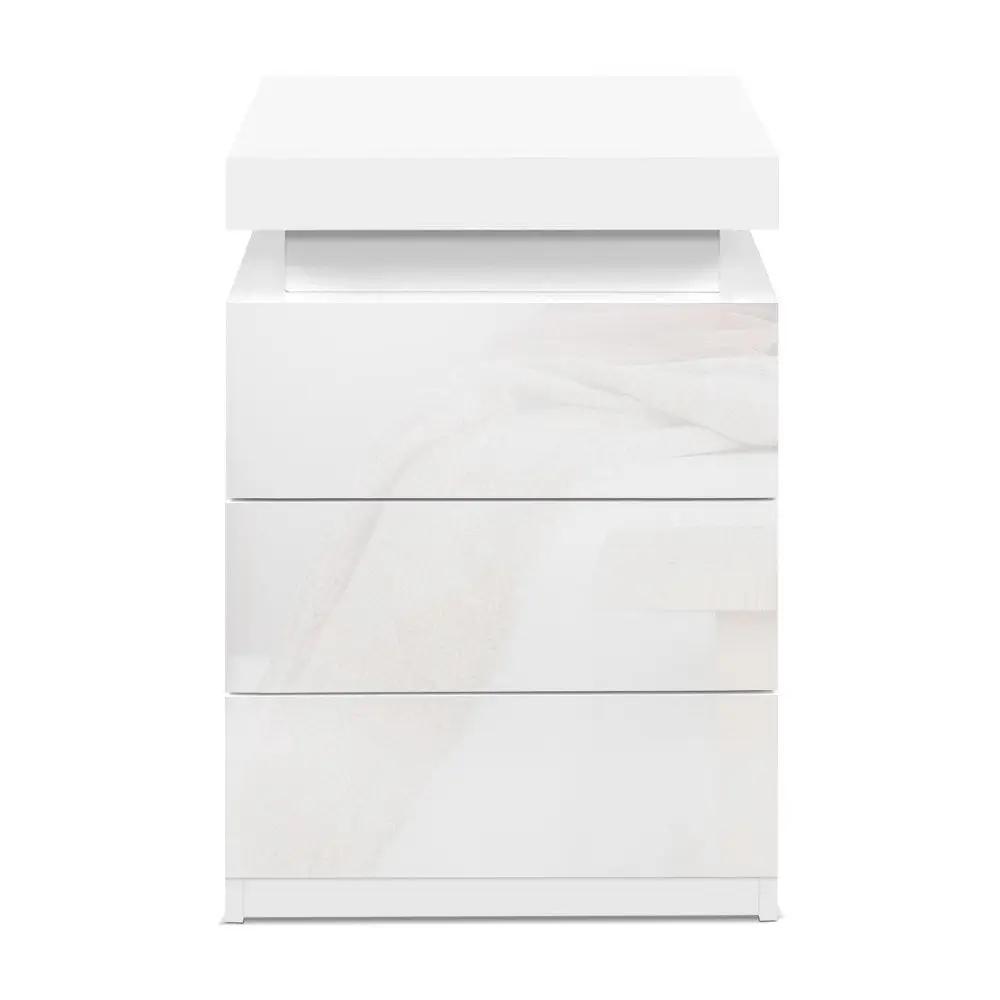 White 3 Drawer LED Bedside Table