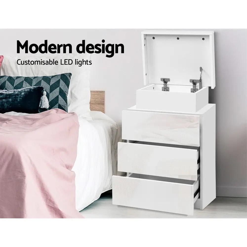 White 3 Drawer LED Bedside Table