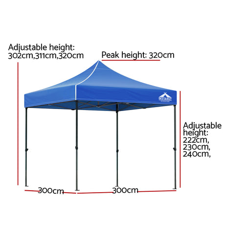 Instahut Gazebo Pop Up 3x3m w/Base Podx4 Marquee Folding Outdoor Wedding Camping Tent Shade Canopy Blue