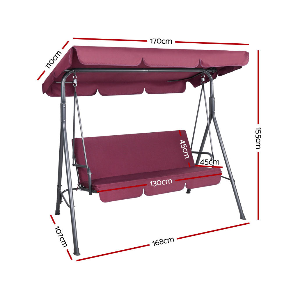 Gardeon Outdoor Swing Chair Garden Bench Furniture Canopy 3 Seater Wine Red