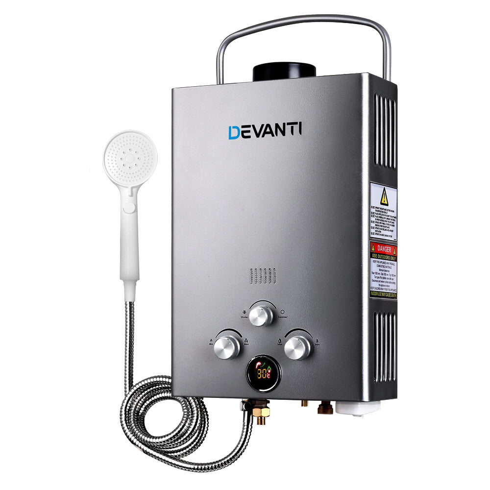 Devanti Portable Gas Water Heater 8L/Min With Pump LPG System Grey