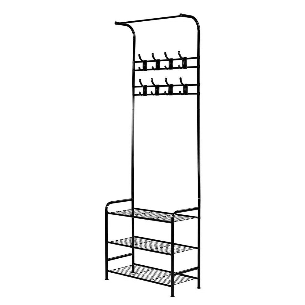 Black 3-Shelf Metal Clothes Rack with Coat Hooks