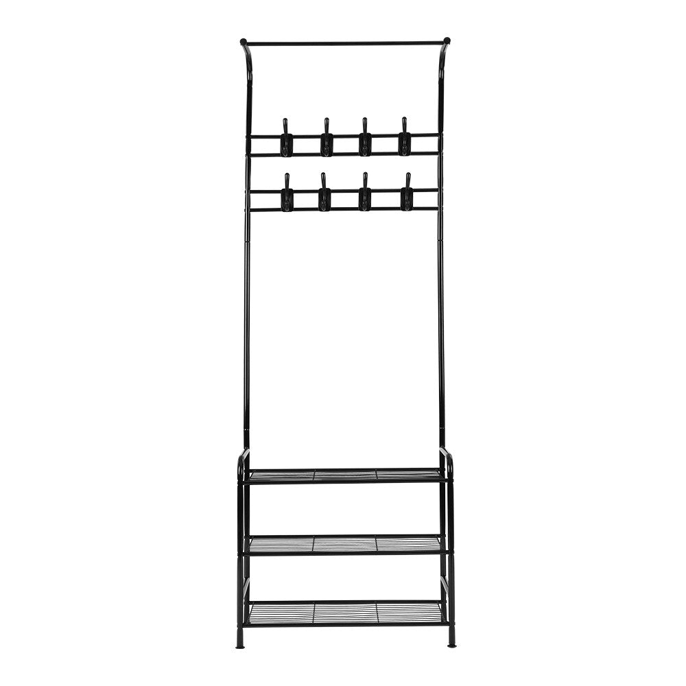 Black 3-Shelf Metal Clothes Rack with Coat Hooks