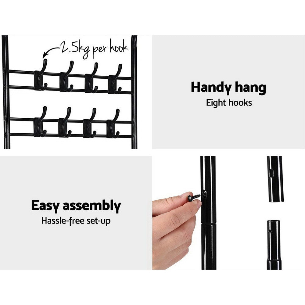 Black 3-Shelf Metal Clothes Rack with Coat Hooks