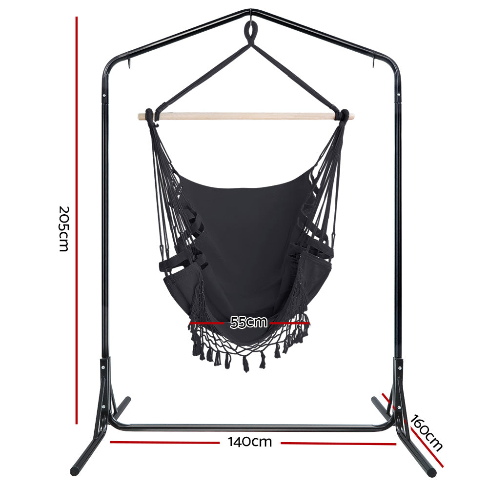 Gardeon Outdoor Hammock Chair with Stand Tassel Hanging Rope Hammocks Grey